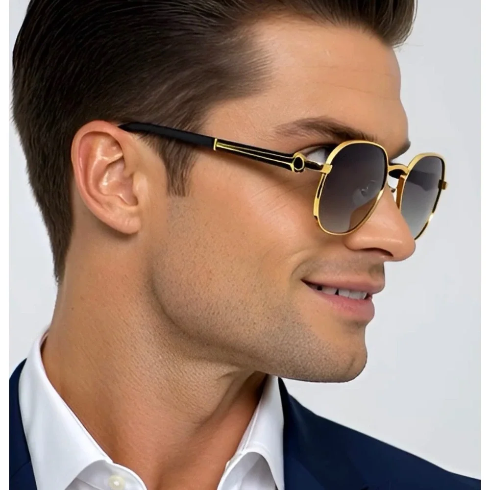 Mens Gold Round Sunglasses Black Gradient Lens Retro Luxury Style Eyewear Lentes